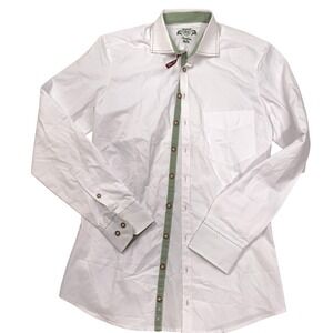 OS Trachten Shirt Men 35/36 White Green Gingham German Trim Slim Fit Oktoberfest